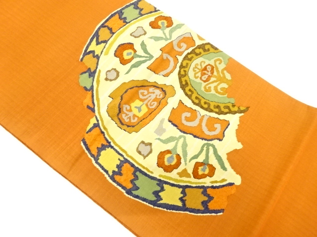 アンティーク　割れ絵皿に花模様織り出し袋帯（材料）